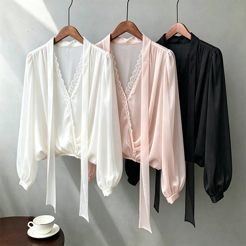 French-style lace spliced V-neck long-sleeve shirt for women, new autumn collection, high-end, unique, slimming top French-style lace spliced V-neck long-sleeve shirt for women, new autumn collection, high-end, unique, slimming top