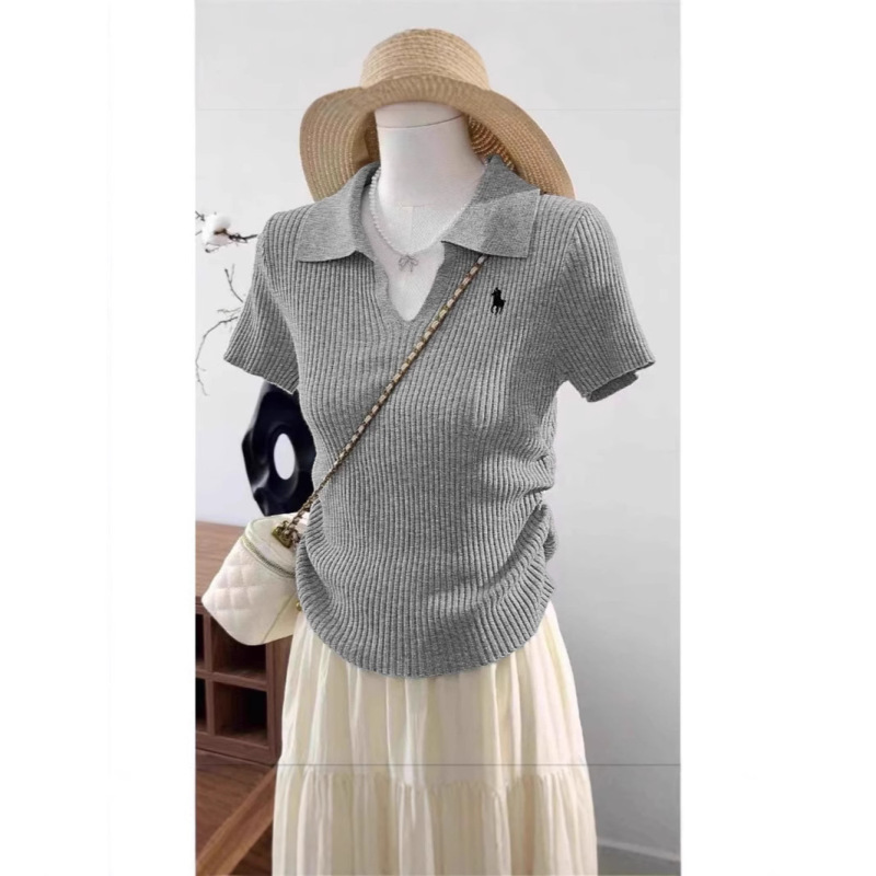 Polo Collar Short-Sleeved T-Shirt for Women, Summer V-Neck, Plus Size, Loose Fit, Slimming, Short Knit Top, Cool Silk Polo Collar Short-Sleeved T-Shirt for Women, Summer V-Neck, Plus Size, Loose Fit, Slimming, Short Knit Top, Cool Silk