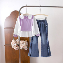 跨境外贸秋冬新款女童套装 假两件紫色长袖衬衫配牛仔长裤两件套