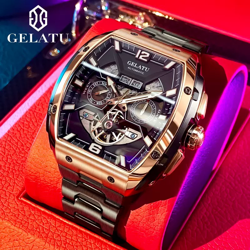 格拉图品牌手表酒桶型防水商务全自动机械表全镂空表盘男士手表男