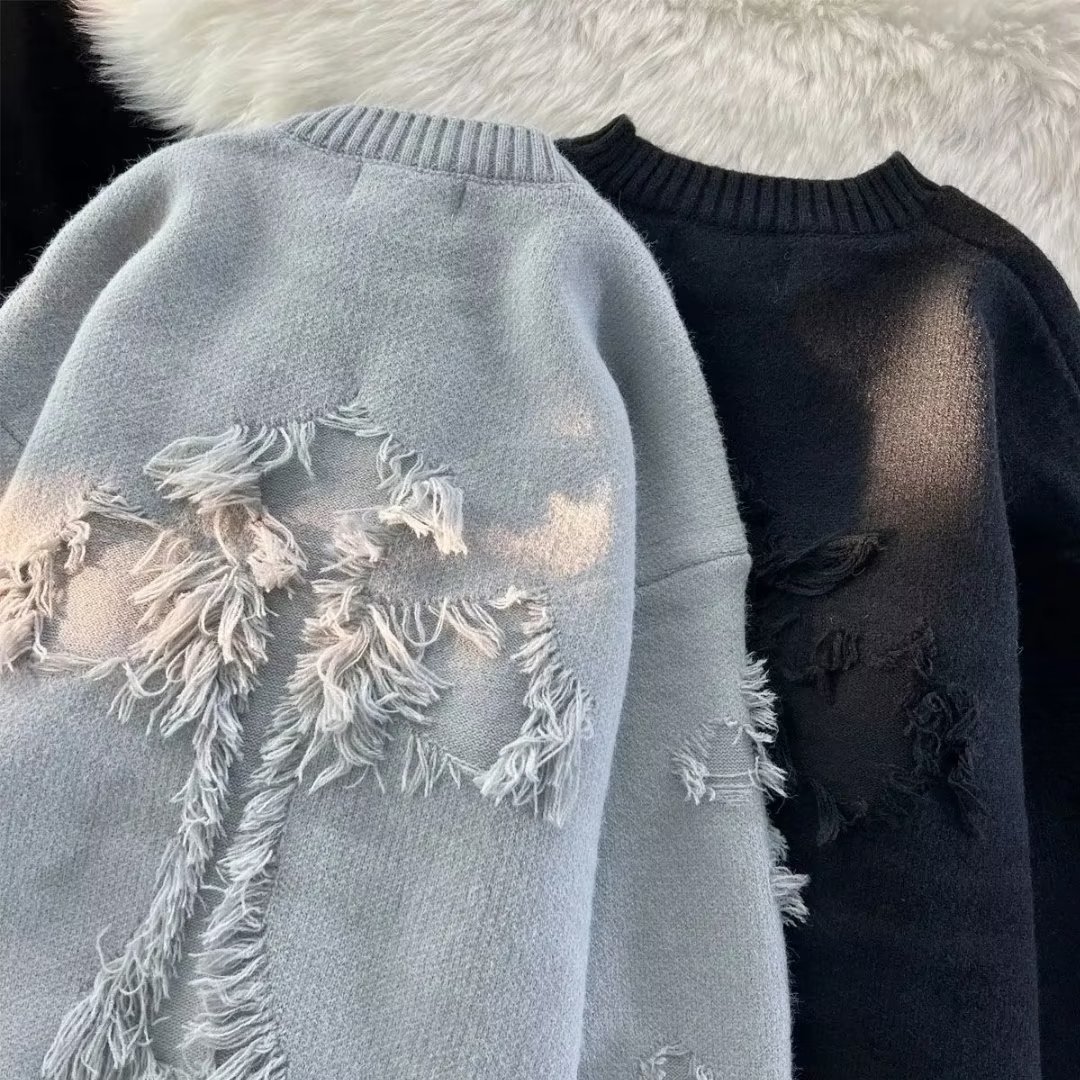 Otoño y invierno nuevos agujeros de bordillo camisa de punto suéter hombre y mujer marca de moda cruz abrigo cálido comercio exterior al por mayor transfronterizo
