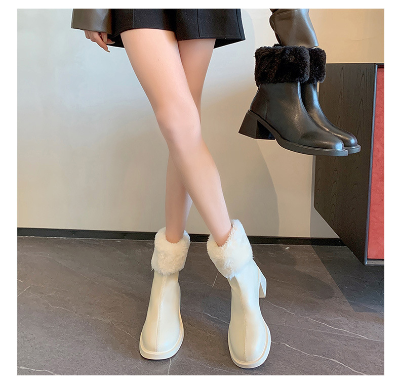 Women’s White Ankle Boots With Velvet Lining And Block Heels_voghion.com