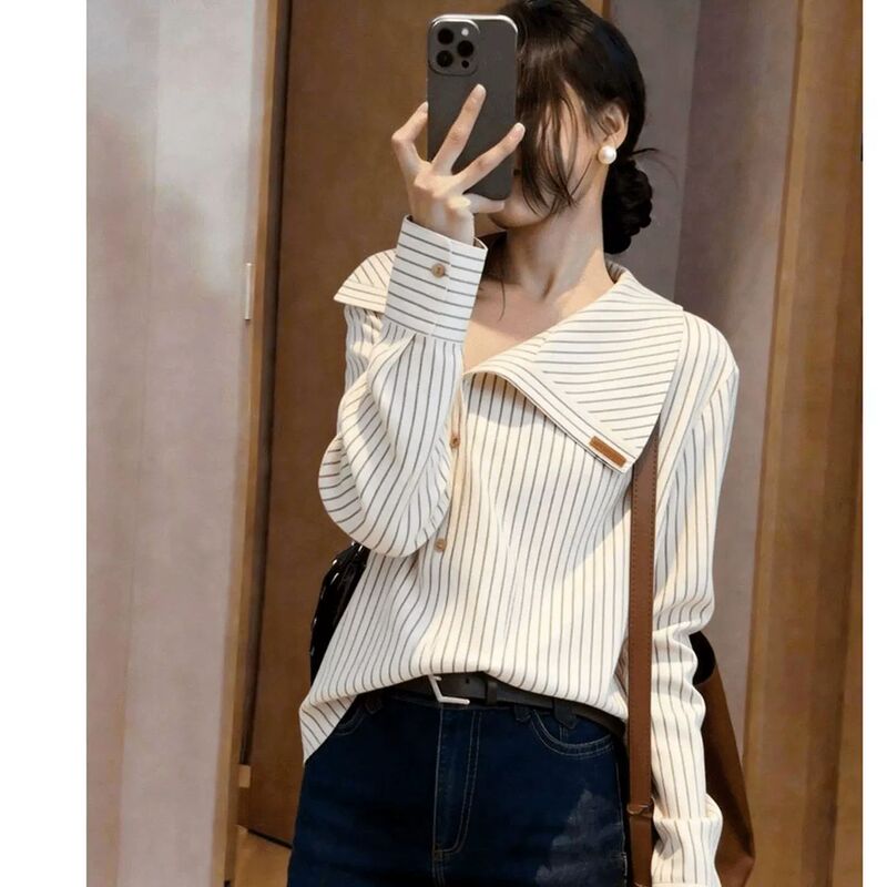 White Striped Unique and Beautiful Blouse, Long-Sleeved Collared Shirt for Women, Early Spring New Style, Stylish and Elegant Top White Striped Unique and Beautiful Blouse, Long-Sleeved Collared Shirt for Women, Early Spring New Style, Stylish and Elegant Top