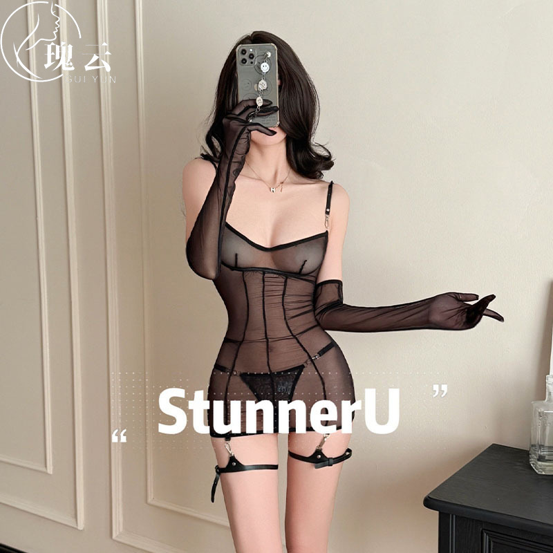 Rose Cloud Lingerie Cross-Border Sexy See-Through Mesh Strap Dress with Adjustable Pu Leather Belt Set