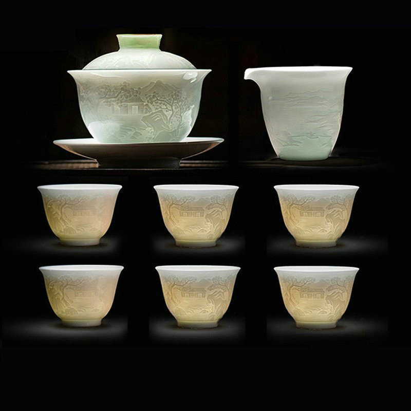 Jingdezhen Factory Direct Supply Shadow Blue and White Porcelain Nanshan Carving Kung Fu Tea Set Ceramic Three-Piece Gaiwan