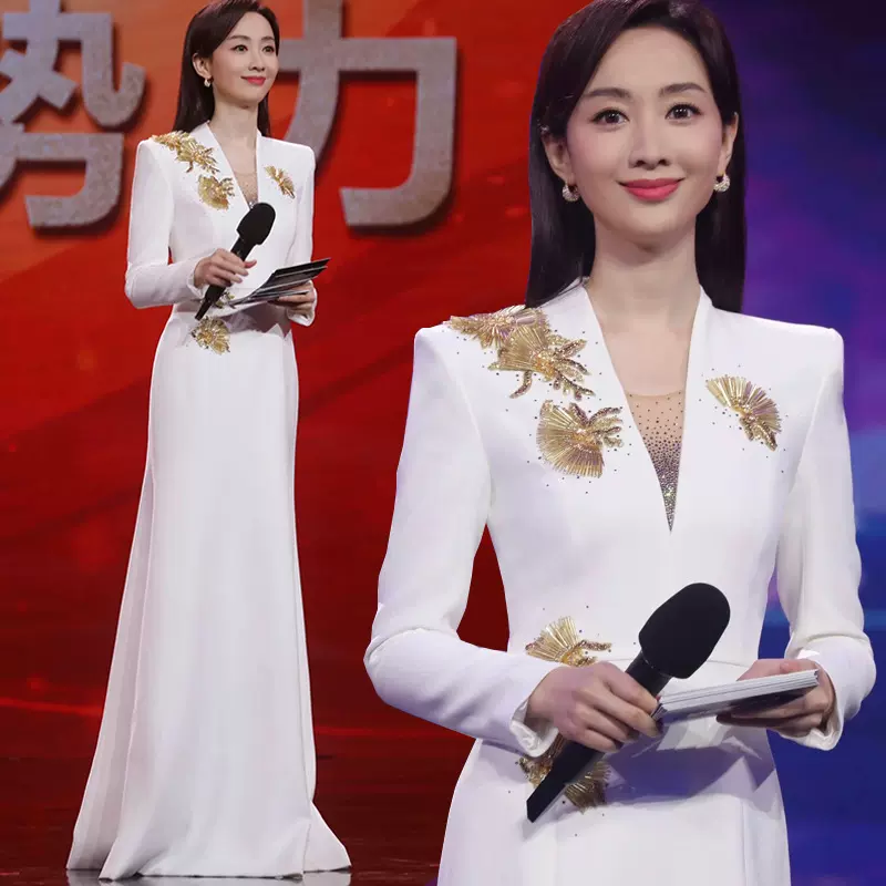 白色宴会晚礼服2025新款气质优雅轻奢小众演出服艺考主持人礼服