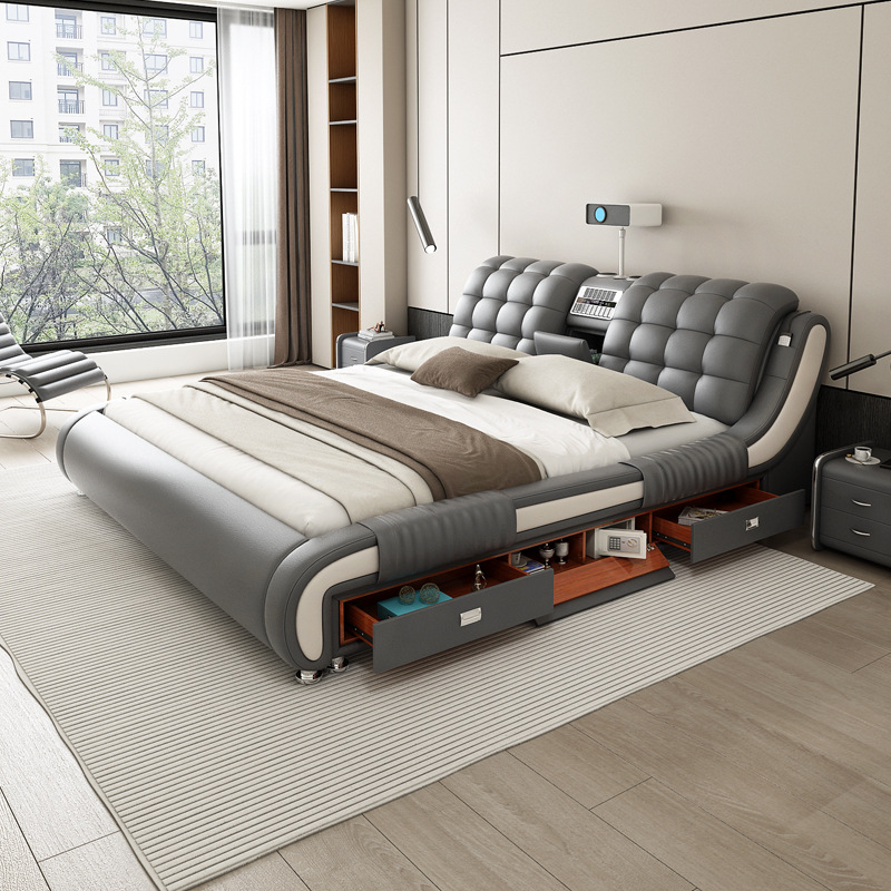 Cama multifuncional de cuero genuino, moderna y sencilla, con tapicería suave y función de masaje, adecuada para dormitorio principal, cama doble con almacenamiento de 1,8 metros. image 4