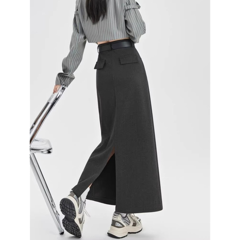 Gray Woolen Slit Skirt for Women Plus Size, Spring and Autumn High-Waisted A-Line Straight Long Skirt Gray Woolen Slit Skirt for Women Plus Size, Spring and Autumn High-Waisted A-Line Straight Long Skirt