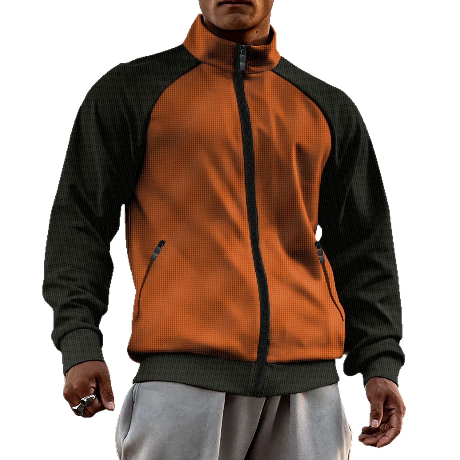 Men's Outdoor Waffle Knit Zip-Up Jacket - Color Blocked Long Sleeve Sport Coat For Fall & Winter_voghion.com