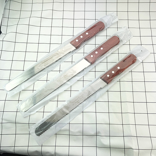 Wholesale stainless steel bread knife wooden handle cake knife 8 inches 10 inches 12 inches 14 inches serrated knife baking tools