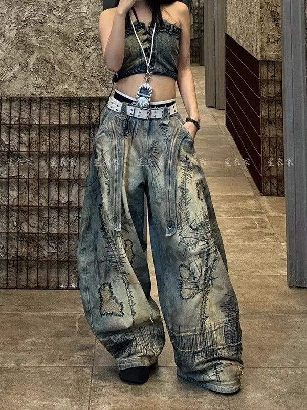 男女美式复古水洗污渍做旧乱针弯刀牛仔裤2025阔腿牛仔宽松镰刀裤|undefined