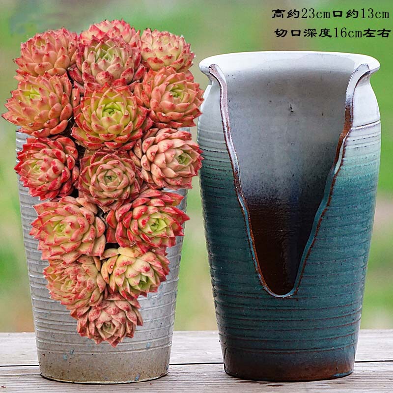 Yixing Handmade Coarse Pottery Deep Cut Succulent Flower Pot, Ceramic Pot for Old Bonsai, Breathable Purple Sand Pot with Large Opening for Cliff-Style Bonsai