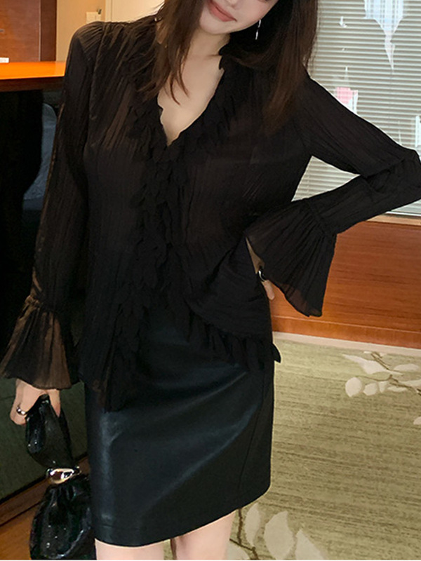 法式花瓣v领蓝色女士衬衫早秋高级设计感外套长袖上衣|undefined