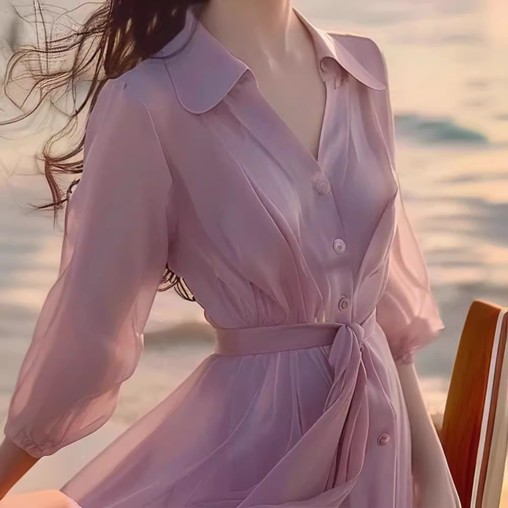 Đầm sơ mi nữ tay ngắn chất voan nhẹ nhàng phong cách đi biển mùa hè — Màu tím
