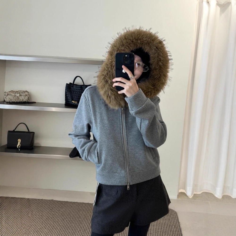 Sijiqing 2025 Autumn and Winter New Short Fur Collar Hooded Zipper Sweatshirt Jacket Women's Loose Velvet Jacket Trendy
