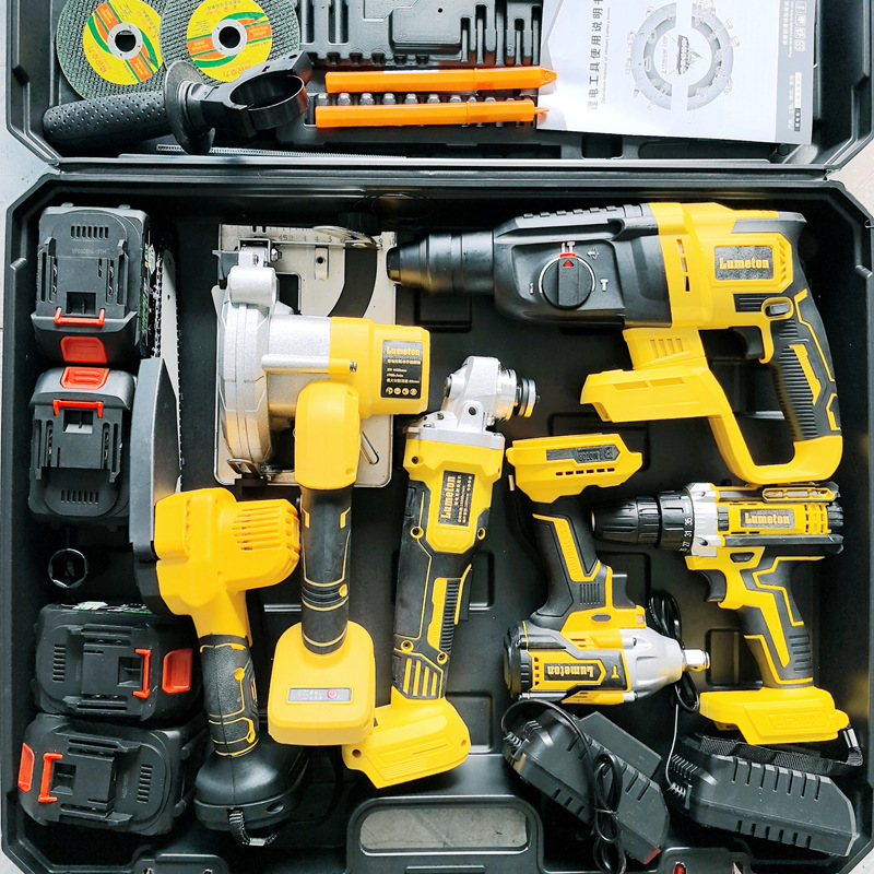 [Juego de cinco piezas] Dewei batería de litio recargable martillo amoladora angular máquina cortadora taladro eléctrico juego de herramientas de palanca eléctrica