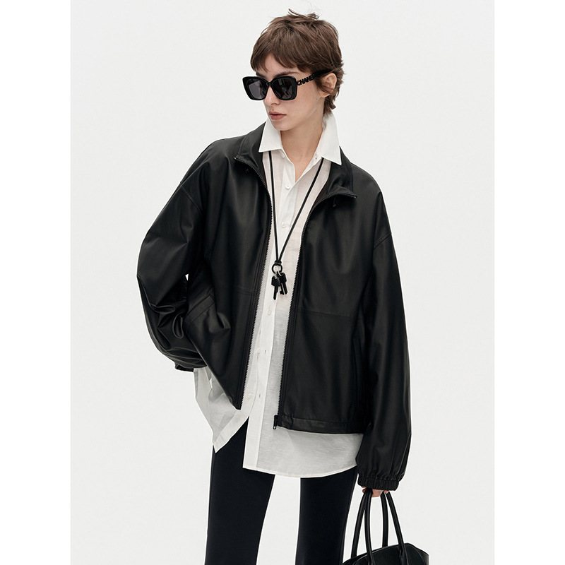 "Mask Leather Jacket" ultra-thin top-layer sheepskin leather jacket, ultra-light, ultra-comfortable, loose-fitting stand-up collar jacket for women