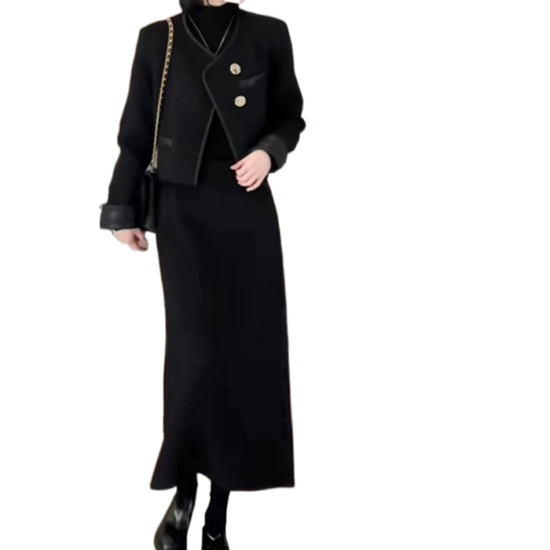 작은 향기로운 스타일 기모 두꺼운 투피스 2024 새로운 패션 코트 하프 바디 인기있는 세트 세트