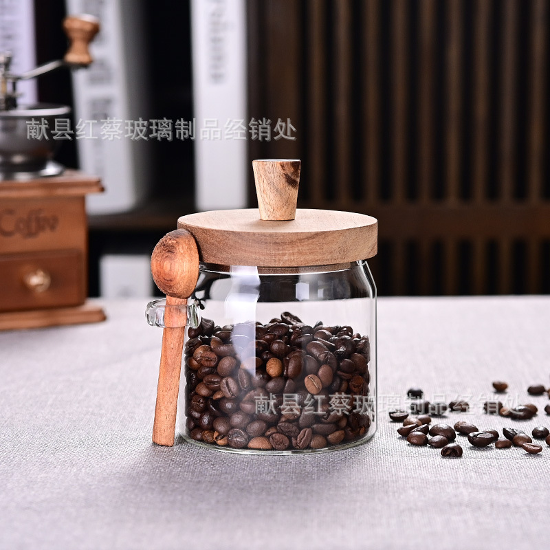 Household Coffee Bean Jar with Spoon, Tea Jar, Scented Tea Jar, Small Transparent Bottle, Wooden Lid Storage Jar, Glass Sealed Jar
