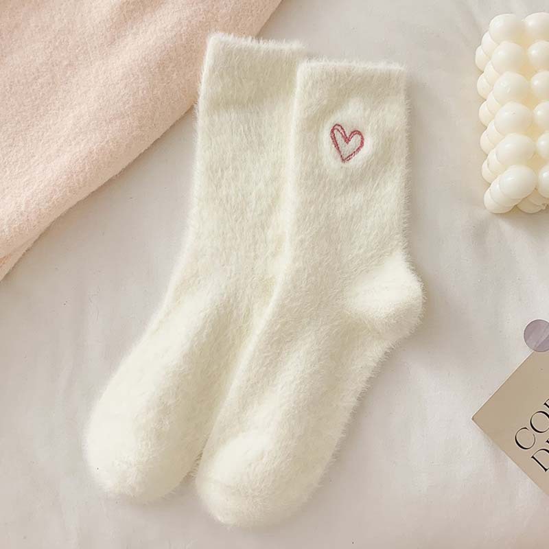 靴下女性のミッドカーフソックス秋と冬の厚みのあるミンクベルベット刺繍ラブスリーピングフロアソックス冬暖かいストッキング|undefined