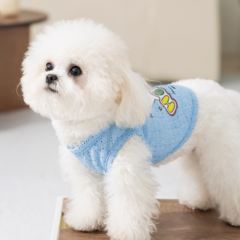 Perro primavera y verano transpirable delgada correa hueca impresa chaleco de dibujos animados Teddy perros pequeños gatos ropa de mascotas