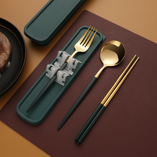 Stainless steel portable tableware chopsticks spoon set fork environmentally friendly outdoor student storage camping tableware three-piece set