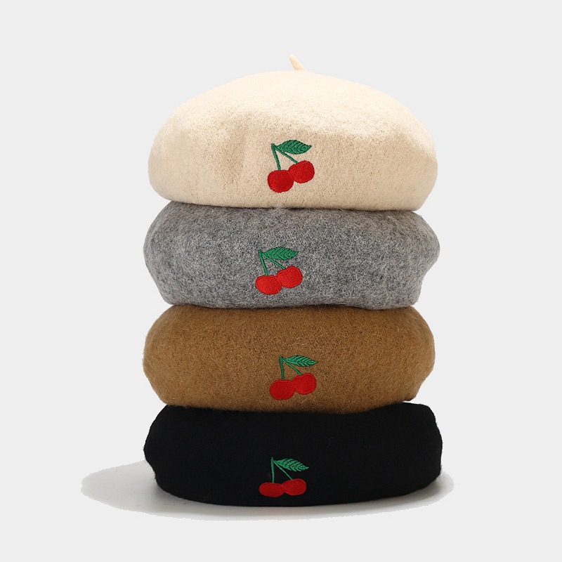 112g Weight Beret Hat Hats Type Daily Occasion Artificial Wool Material Cherry Pattern Autumn&Winter Season Women's Gender Embroidery Design Cute, Sweet Style Eaveless Rim Women's Cute Sweet Cherry Embroidery Eaveless Beret Hat 2
