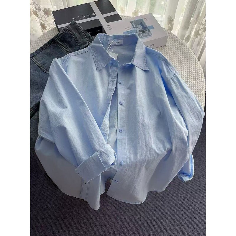 100% Cotton Right Shoulder Light Blue Shirt Spring & Fall Inner Layering Long-Sleeved Top Casual Men's and Women's Couple Jacket
