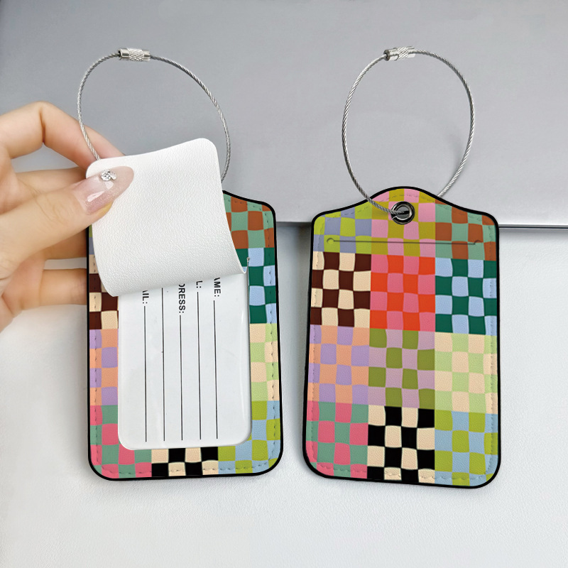 Checkered Luggage Tag Label and Care Tools Set, 2-Piece Pu Leather Boarding Pass Holder with Metal Ring, Luggage Design with Custom Image
