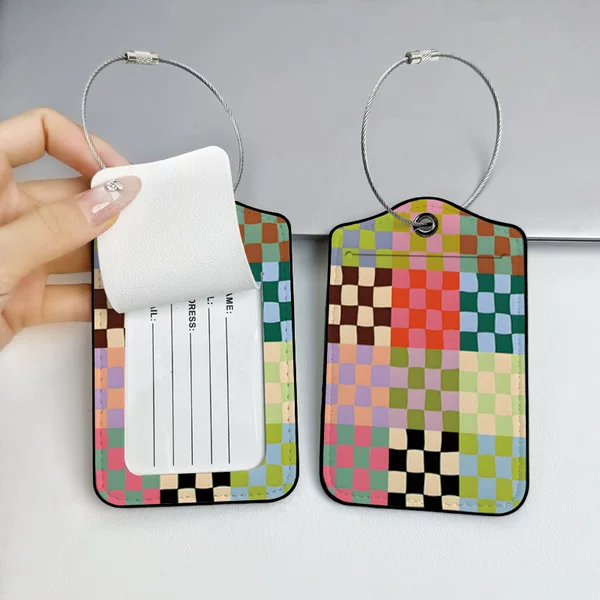 Checkered Luggage Tag Label and Care Tools Set, 2-Piece Pu Leather Boarding Pass Holder with Metal Ring, Luggage Design with Custom Image