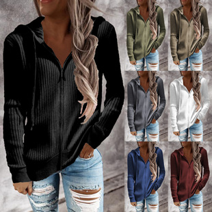 European and American Cross-border Autumn and Winter New Striped Casual Sweater Loose Knitwear Zipper Cardigan Long-sleeved Hooded Sweater for Women