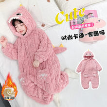 女童睡衣秋冬款加厚珊瑚绒儿童宝宝连帽睡袋恐龙家居服法兰绒爬服