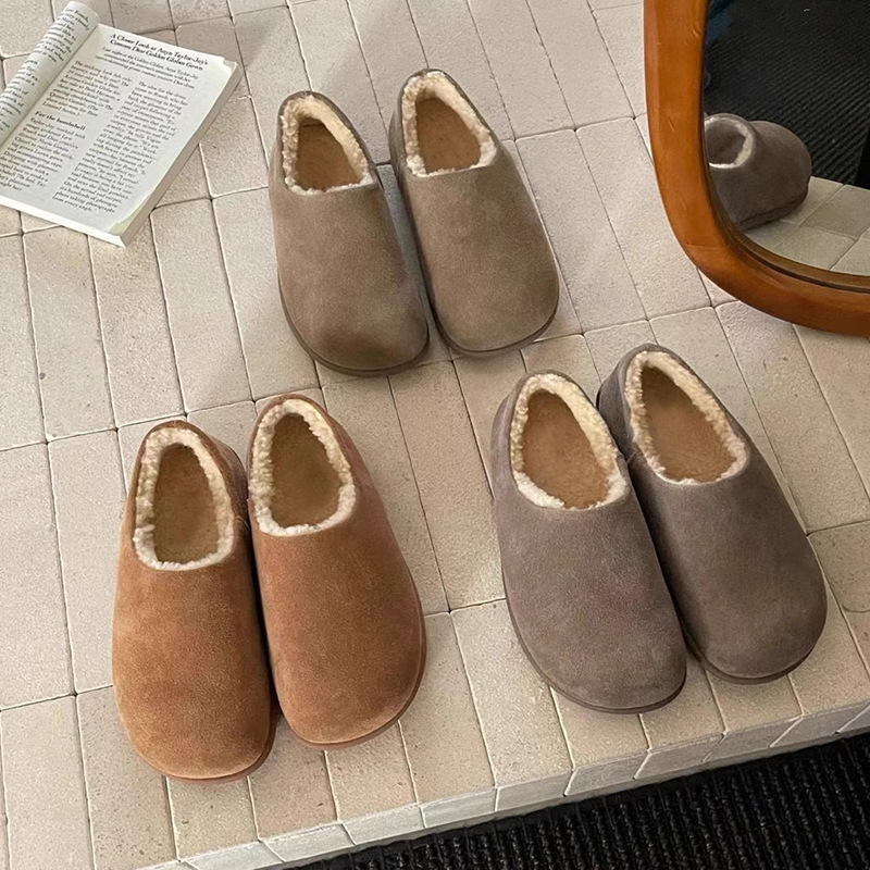 In-Stock Genuine Leather Small Potato Plush Shoes with Internal Height Increase, Full-Cover Plush Genuine Leather Warm Mule Birkenstock Shoes for Women