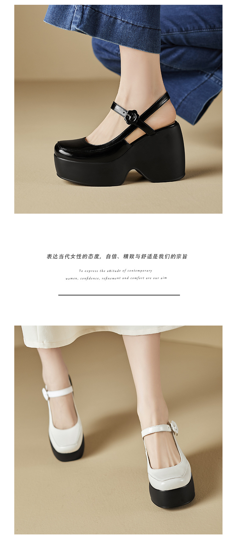 Sandal Mary Jane đế xuồng da thật bít mũi gót cao 9 cm cho nữ — Màu đen, Màu trắng be chi tiết 9