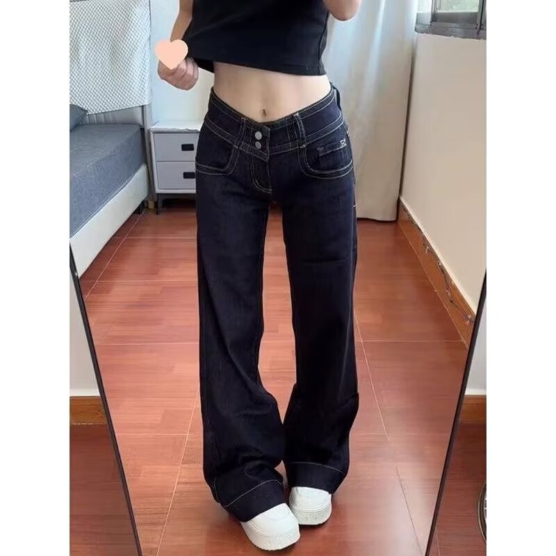 American-Style Double-Waist Buckle Non-Tight Flared Jeans for Women, 2026 New Niche Design, Slimming, Versatile, Low-Waist Straight Pants American-Style Double-Waist Buckle Non-Tight Flared Jeans for Women, 2026 New Niche Design, Slimming, Versatile, Low-Waist Straight Pants
