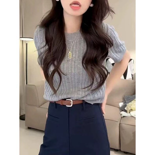 High-grade Sense Grey Thin Hollow Ice Silk Knitted Sweater Short-sleeved Shirt Women's Summer New All-match Top