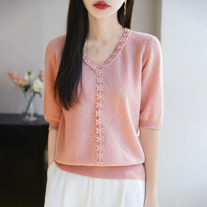 小香风重工钉珠提花针织短袖t恤女新款漂亮小衫高级感V领女装上衣|undefined