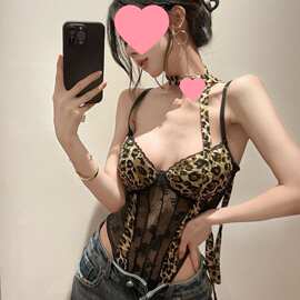 感纯欲性感豹纹修身小吊带蕾丝拼接带胸垫飘带打底衫连体衣