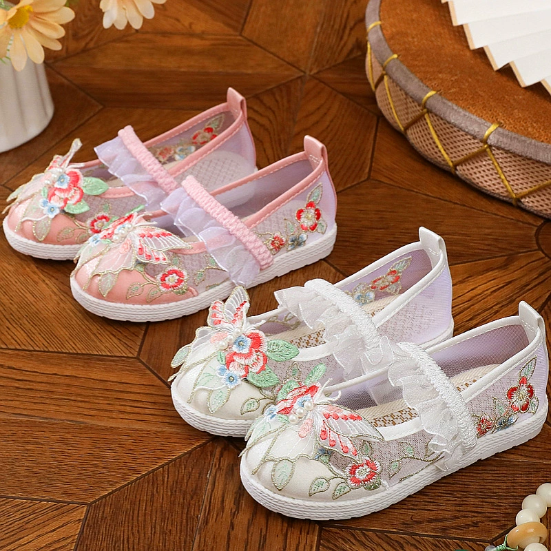 Новая летняя сетчатая детская обувь с вышивкой в виде бабочек для девочек, обувь Hanfu, детский старинный костюм, Тканевая обувь для настольных выступлений