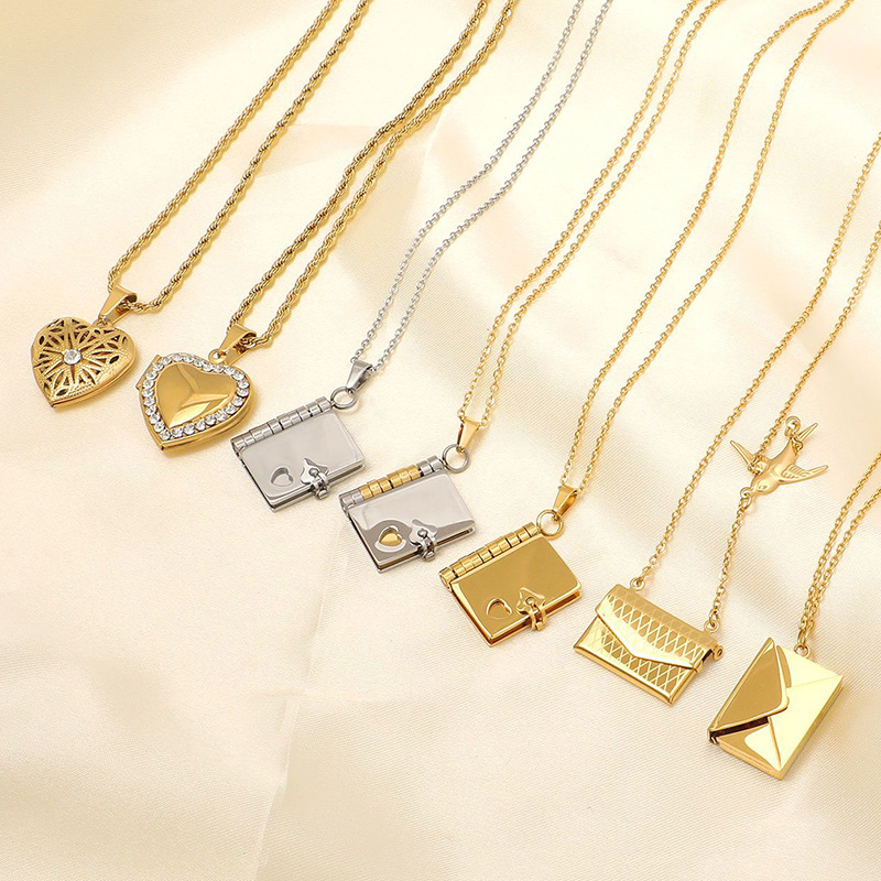 Women's Gender Golden Plated 201 Stainless Steel Electroplated Zircon Envelope Heart Shape Cable Chain Pendant Necklace