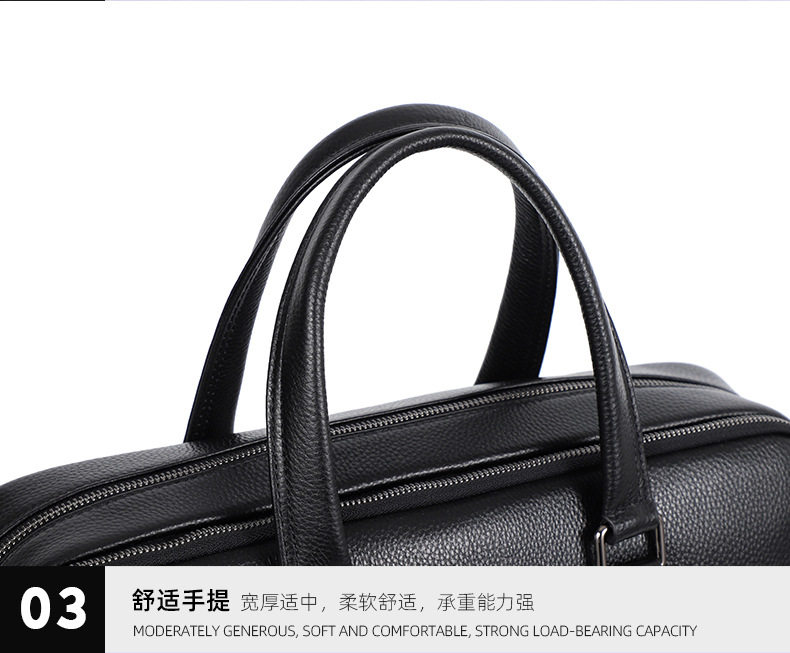 Túi xách tay nam da bò thật 39×10×29 cm có hai ngăn khóa kéo, đeo chéo một vai — Màu đen chi tiết 19