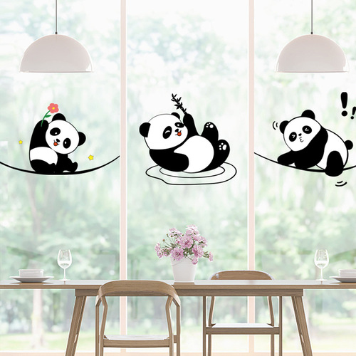 Adorable Panda Cartoon Wall Sticker Self-Adhesive Push-Pull Glass Door Decor Electrostatic Sticker Shopping Mall Glass Show Window Scene Decoration