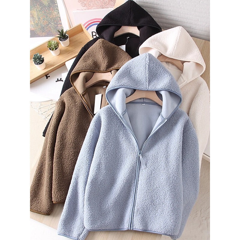 Cardigan Women's 2025 Spring, Autumn and Winter Warm Loose Lamb Wool Polar Fleece Hooded Zipper Long-Sleeved Jacket Top