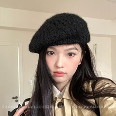 秋冬慵懒风大弹力兔毛针织帽毛绒贝雷帽女大头围韩版画家帽显脸小