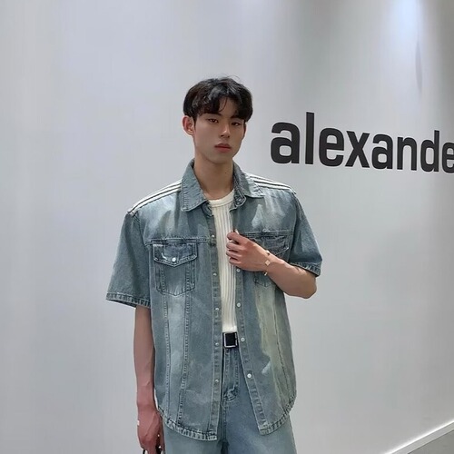 Summer Washed Distressed Denim Short Sleeve Shirt for Men American Retro Trend Loose Casual Versatile Youth T-shirt