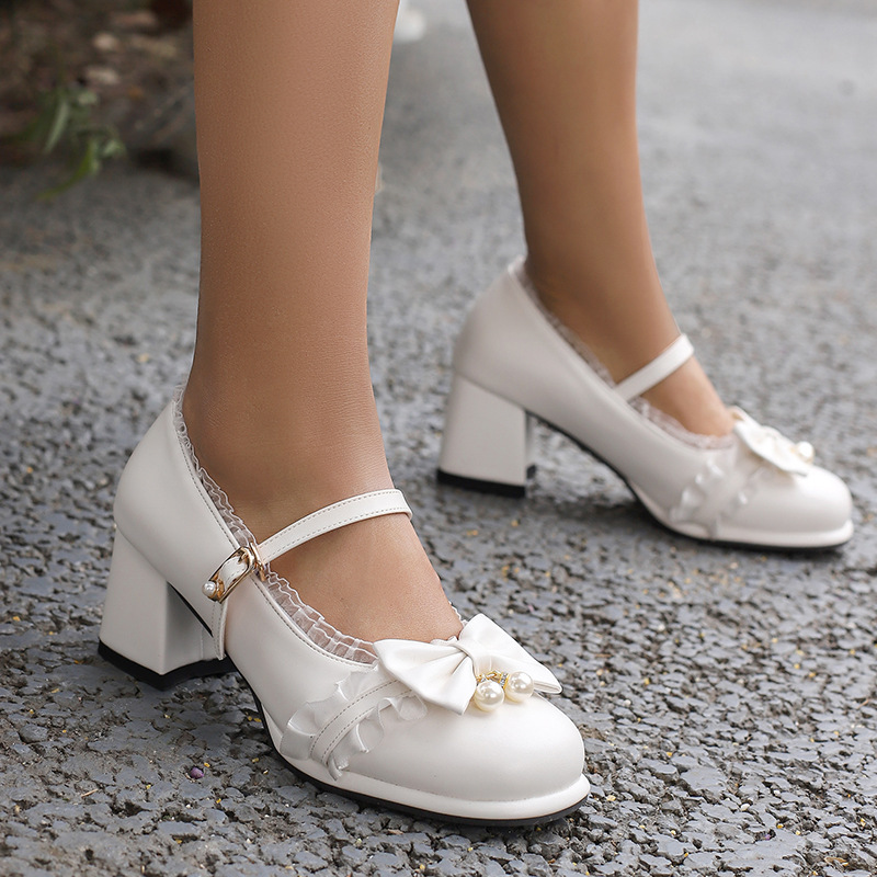 Sweet lace bow princess shoes Mary Jane single shoes thick high heels 40-43 large size shoes foreign trade shoes Sweet lace bow princess shoes Mary Jane single shoes thick high heels 40-43 large size shoes foreign trade shoes