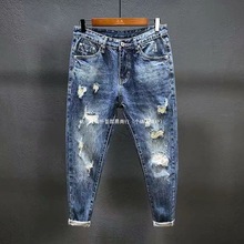 夏季新款日系刮烂破洞牛仔裤男潮牌宽松直筒九分韩版潮流乞丐批发