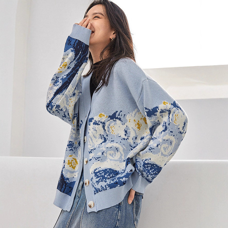 French Literary Retro Lazy Style Van Gogh Knitted Sweater for Women 2025 Autumn and Winter New High-End Knitted Cardigan