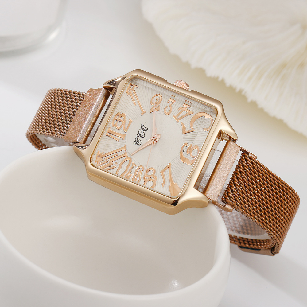 Νέο μοντέρνο γυναικείο μοντέρνο μοντέρνο μινιμαλιστικό τετράγωνο καντράν από χαλαζία με δικτυωτό λουράκι πόρπης_voghion.com