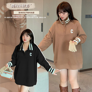 Fall plus size chubby girl Korean style large lapel sweater loose embroidered contrast color fleece-lined top 410807+430976